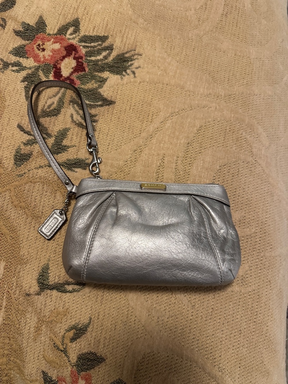 Coach Metallic Silver Leather Wristlet Clutch with Strap